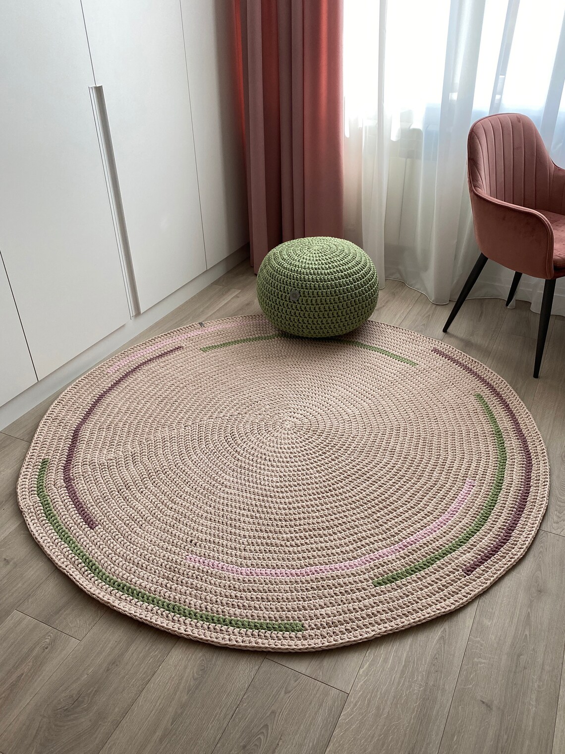 Round Sage Green Pouf Ottoman for Living Room Cotton Knit Etsy