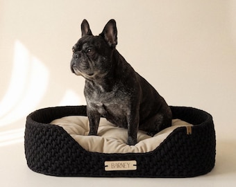 Hand-Crocheted Cotton French Bulldog Bed with Personalized Name Tag