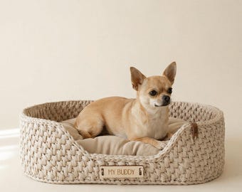 Hand-Crocheted Cotton Chihuahua Bed | Personalized Name Tag, Small Dog Basket