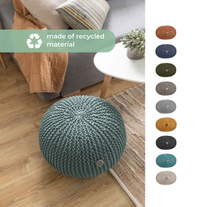 Knitted pouf from recycled cotton cord Knitted round footstool blue Pouf ottoman Crocheted round pouf Teal chunky knit pouf