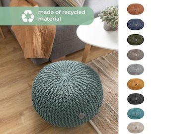 Knitted pouf from recycled cotton cord Knitted round footstool blue Pouf ottoman Crocheted round pouf Teal chunky knit pouf