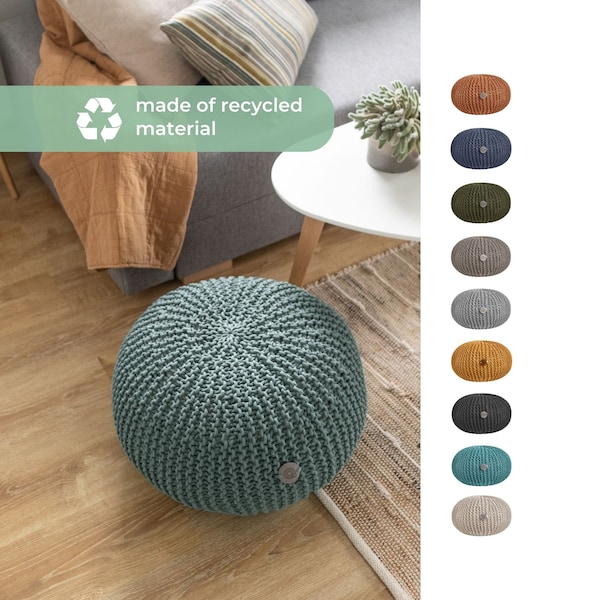 Gestrickter Sitzpouf aus recyceltem Baumwollkordel Gestrickter runder Fusshocker blau Pouf Ottomane Gehäkelter runder Hocker Teal grobstrick Pouf