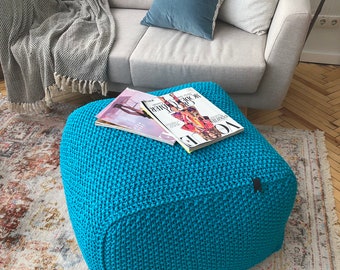 Blue knitted pouf, Square pouf, Floor pouf ottoman different sizes and colors, Berber pillow