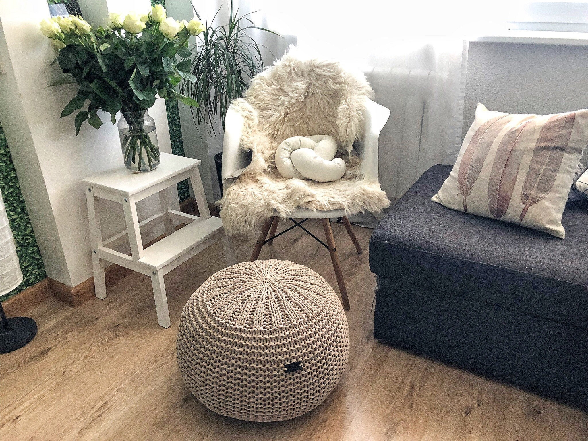 Pouf Tricoté beige Boho,