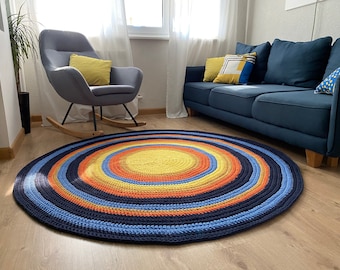 Round space rug yellow, orange, blue, black striped, bedroom rug, custom circular carpet, baby play mat CUSTOM sizes & colors available