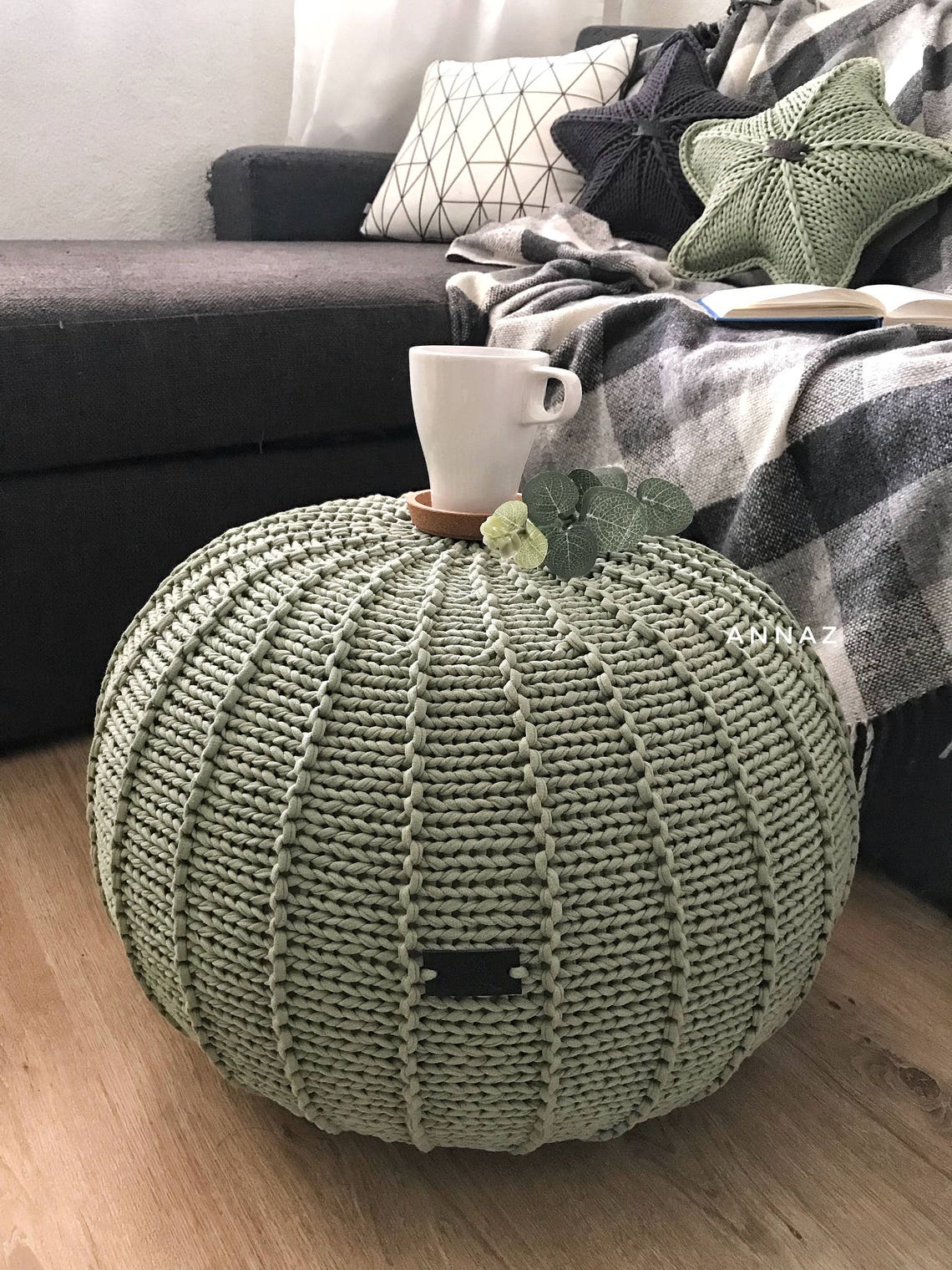 Sage green knitted pouf chartreuse floor pouf ottoman Knitted Etsy