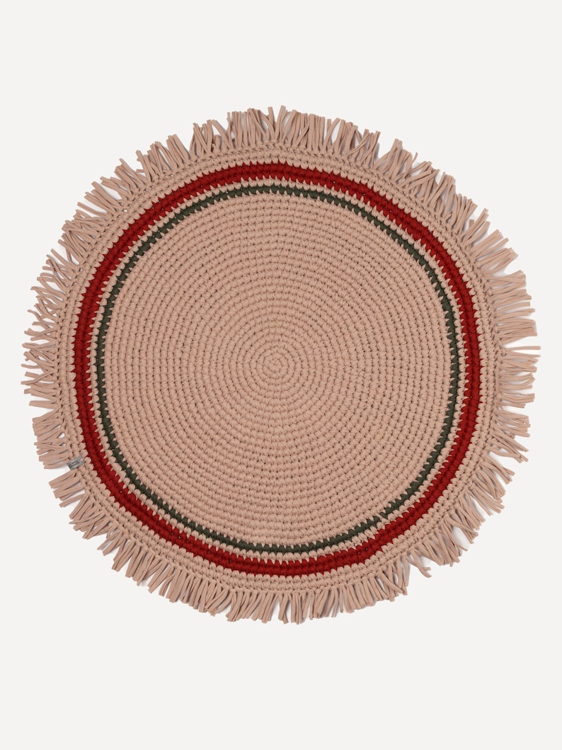 Christmas gift Knitted boho nursery rug Round crochet rug with fringe Cotton circle washable rug Soft nursery kids room decor color beige Beige