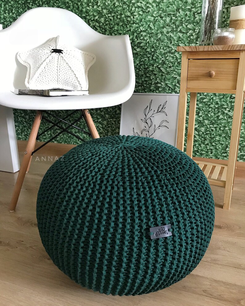 Dark green knitted pouf Chunky knit pouf Pouf ottoman Green Etsy
