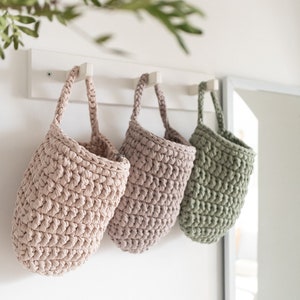 Knitted single handle hanging storage basket Crocheted basket for storage and organization Large crocheted hanging basket for kitchen image 4