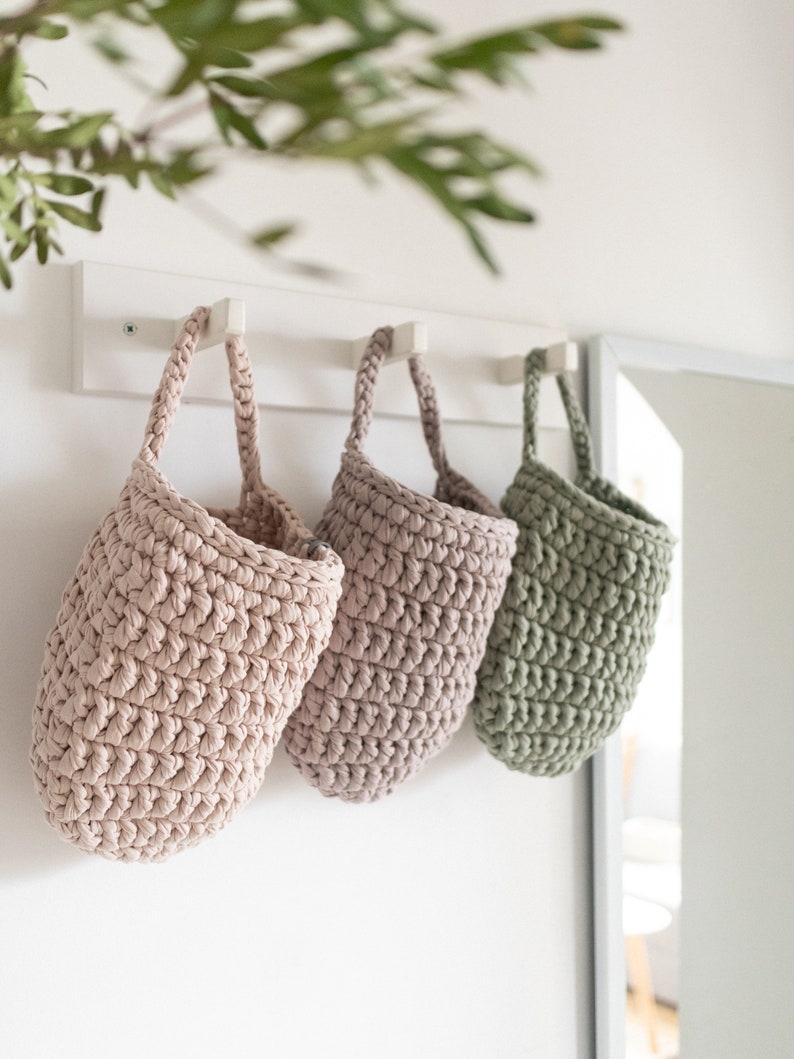 Knitted single handle hanging storage basket Crocheted basket for storage and organization Large crocheted hanging basket for kitchen image 4