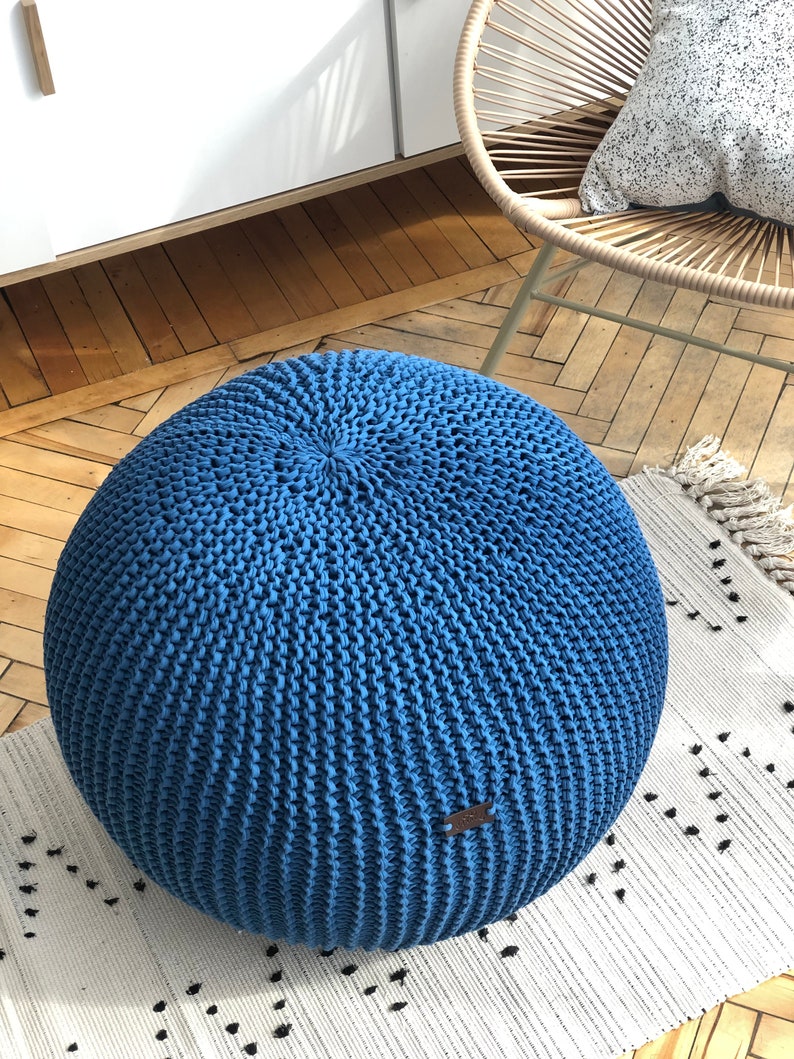 Modern nursery decor, Knitted ball pillow, Living Room Pouf, New Home Gift, Crochet Pouf Ottoman, round footstool, handmade knit pouf image 3