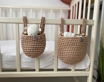 Hanging storage basket, crib basket hanging, toy pocket storage, boho baby nursery decor, home organization