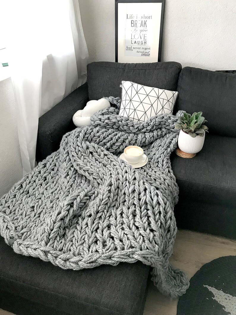 Chunky knit blanket Grey bulky knit throw of different sizes Etsy