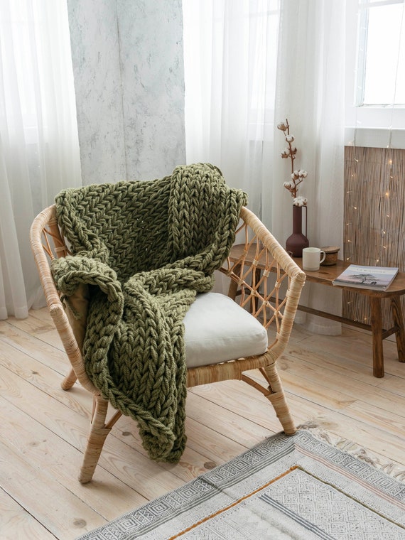 Chunky Knit Blanket Green Wool Throw Blanket in Different Etsy