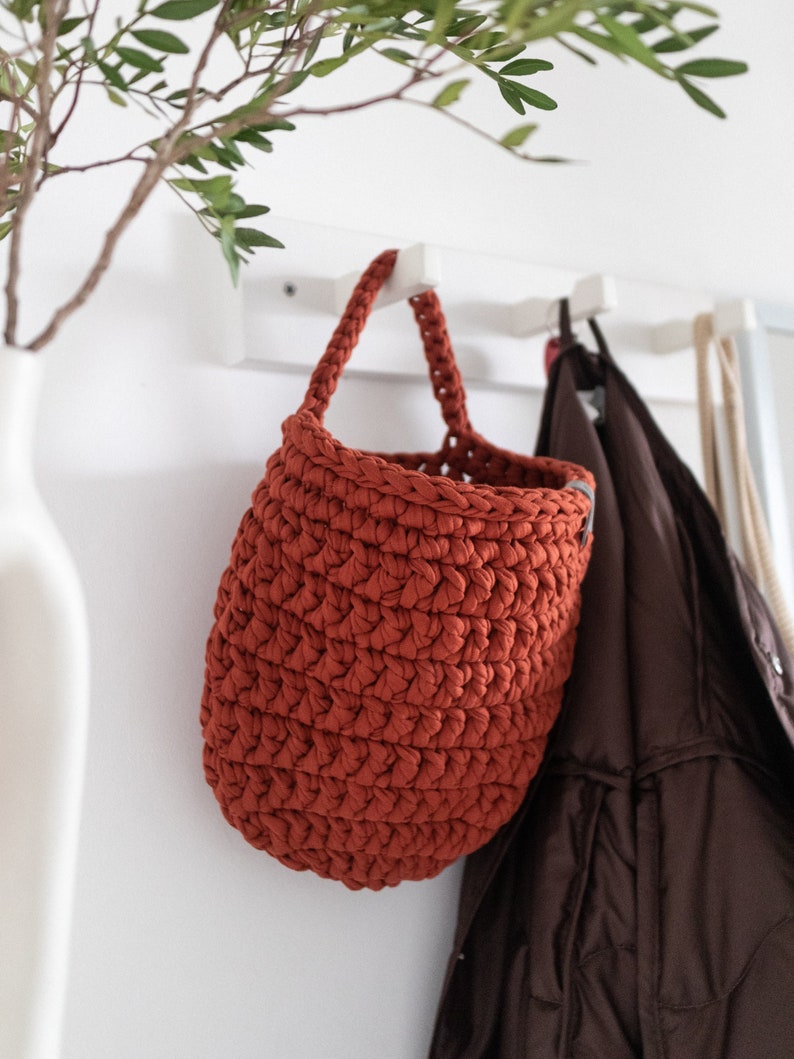 Knitted single handle hanging storage basket Crocheted basket for storage and organization Large crocheted hanging basket for kitchen image 1