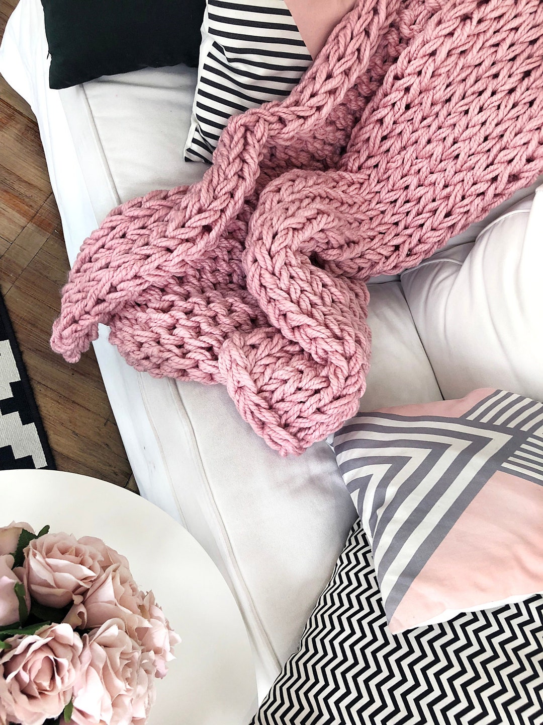 Chunky Knit Blanket Pink Bulky Knit Throw Hand Knitted Etsy