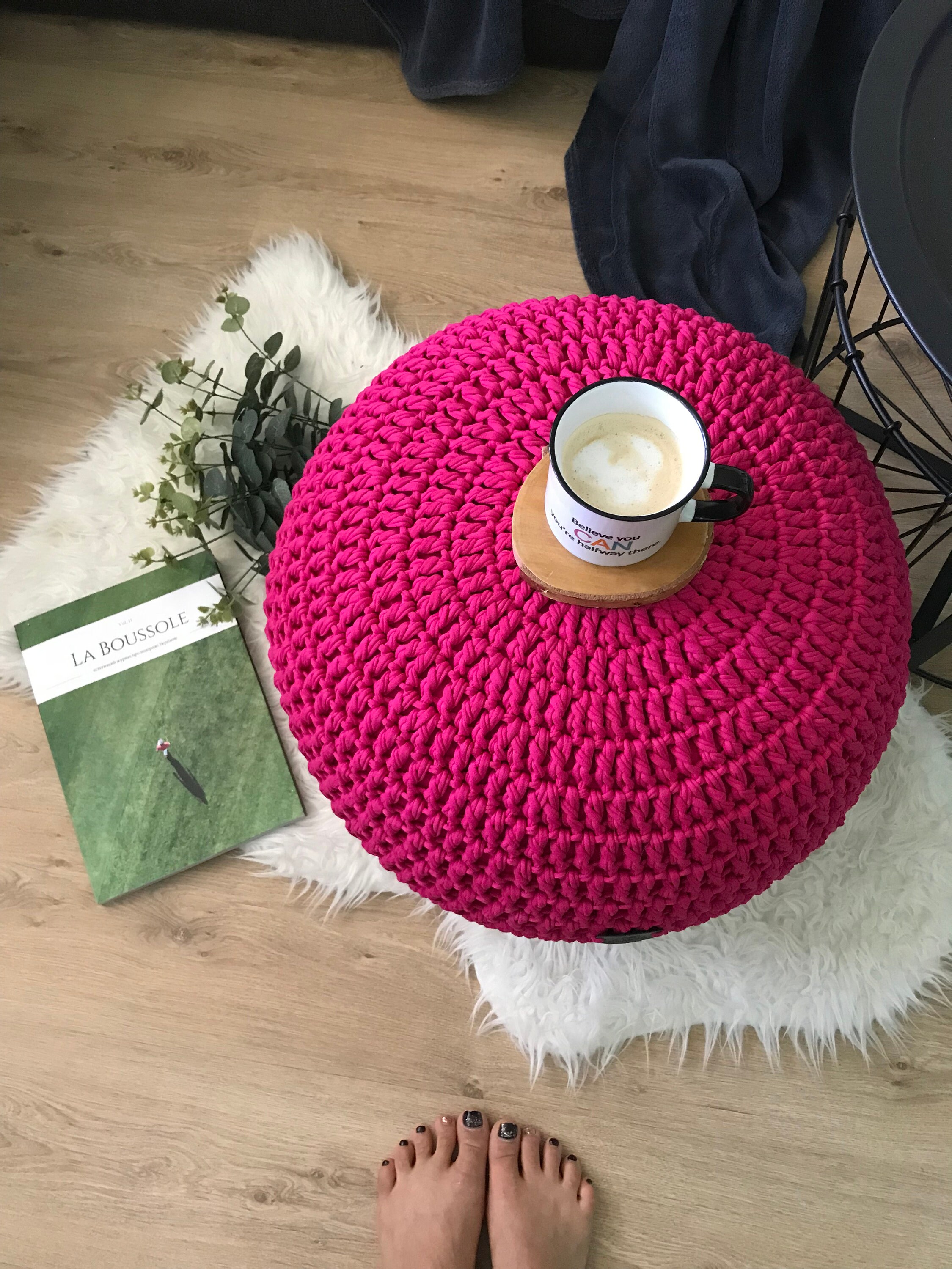 Hot Pink Pouf Chunky Ottoman Knitted Pouf Handmade Floor Etsy