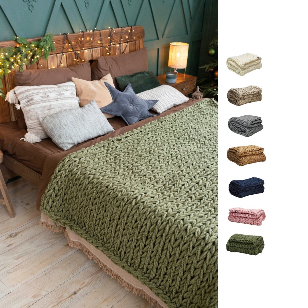 Chunky Knit Blanket, Green Wool Throw Blanket in Different Sizes, Arm