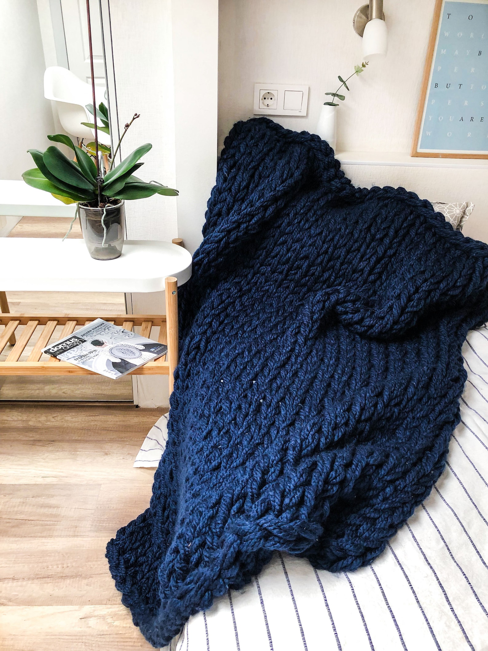 Navy blue giant knitted blanket Blue bulky knit throw of Etsy