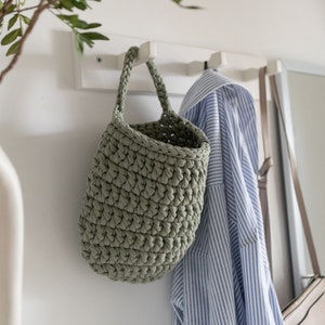 Knitted single handle hanging storage basket Crocheted basket for storage and organization Large crocheted hanging basket for kitchen image 6