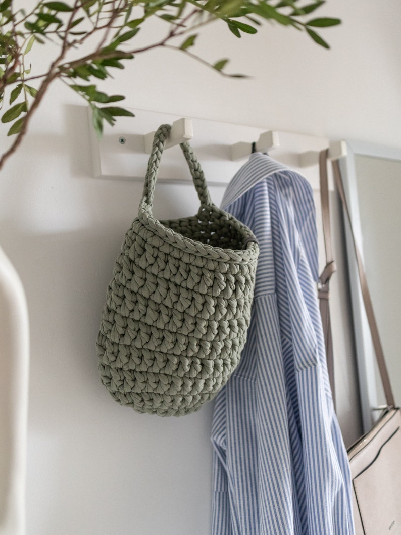 Knitted single handle hanging storage basket Crocheted basket for storage and organization Large crocheted hanging basket for kitchen image 6