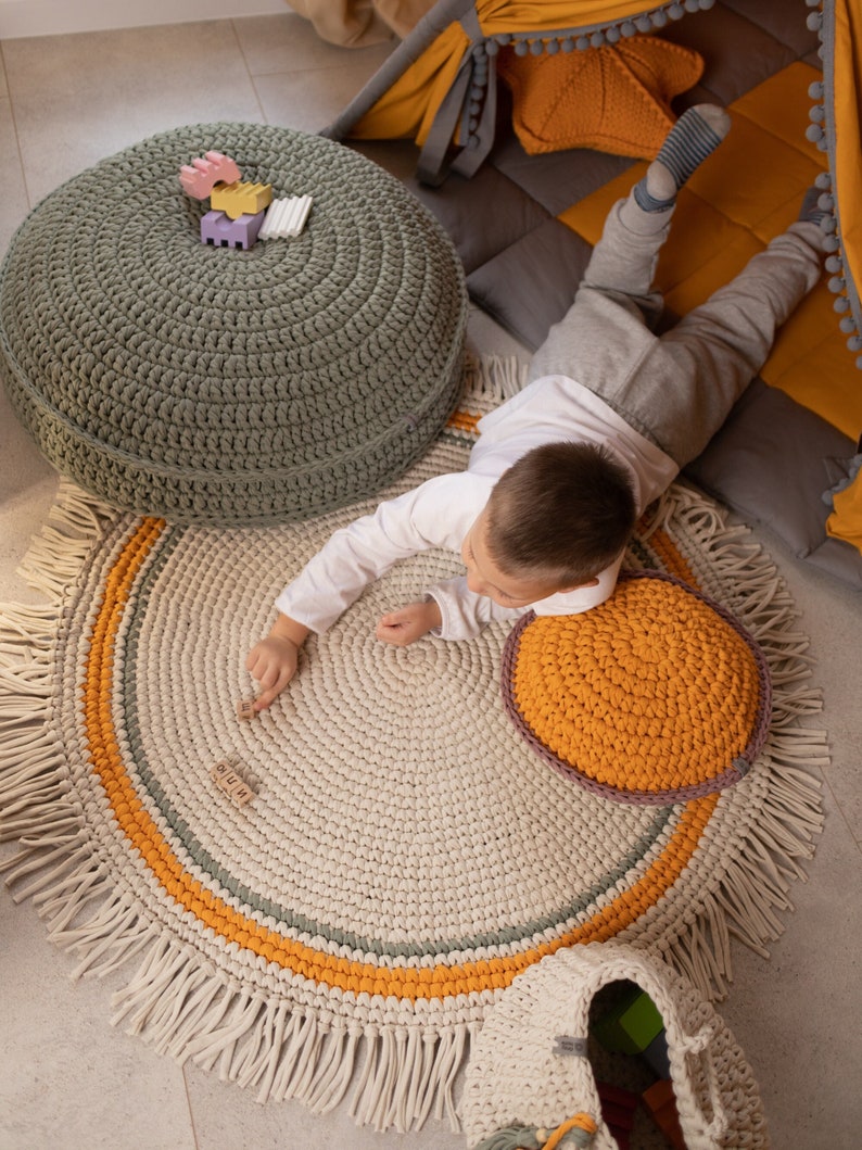 Christmas gift Knitted boho nursery rug Round crochet rug with fringe Cotton circle washable rug Soft nursery kids room decor color beige image 1