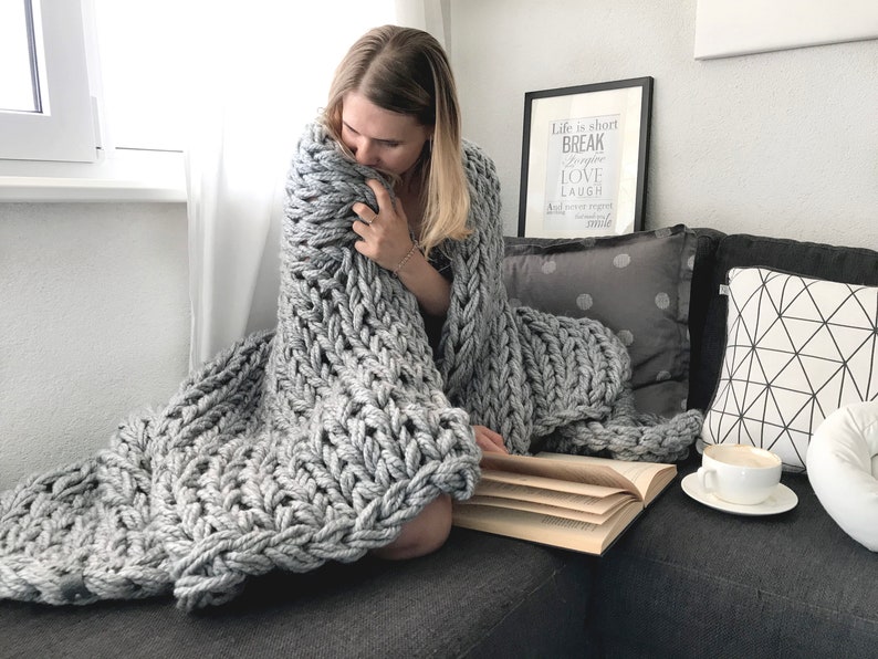 Chunky Knit Blanket Grey Bulky Knit Throw of Different Sizes Etsy