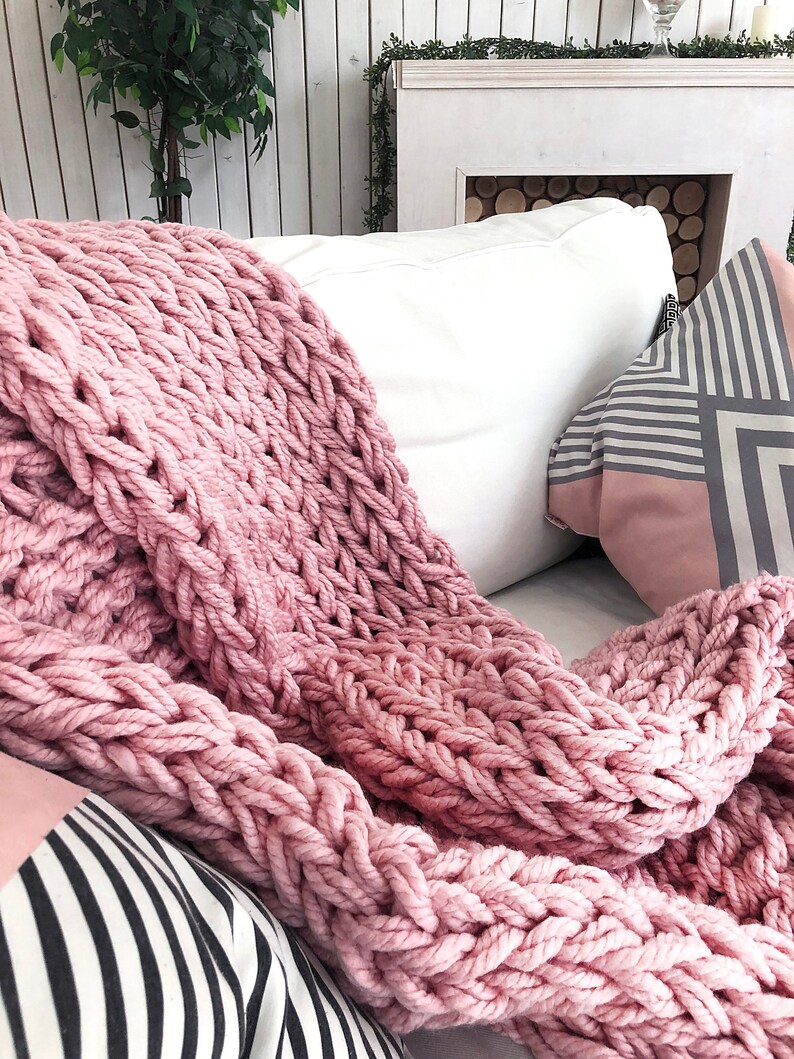 Chunky knit blanket Pink bulky knit throw Hand knitted Etsy