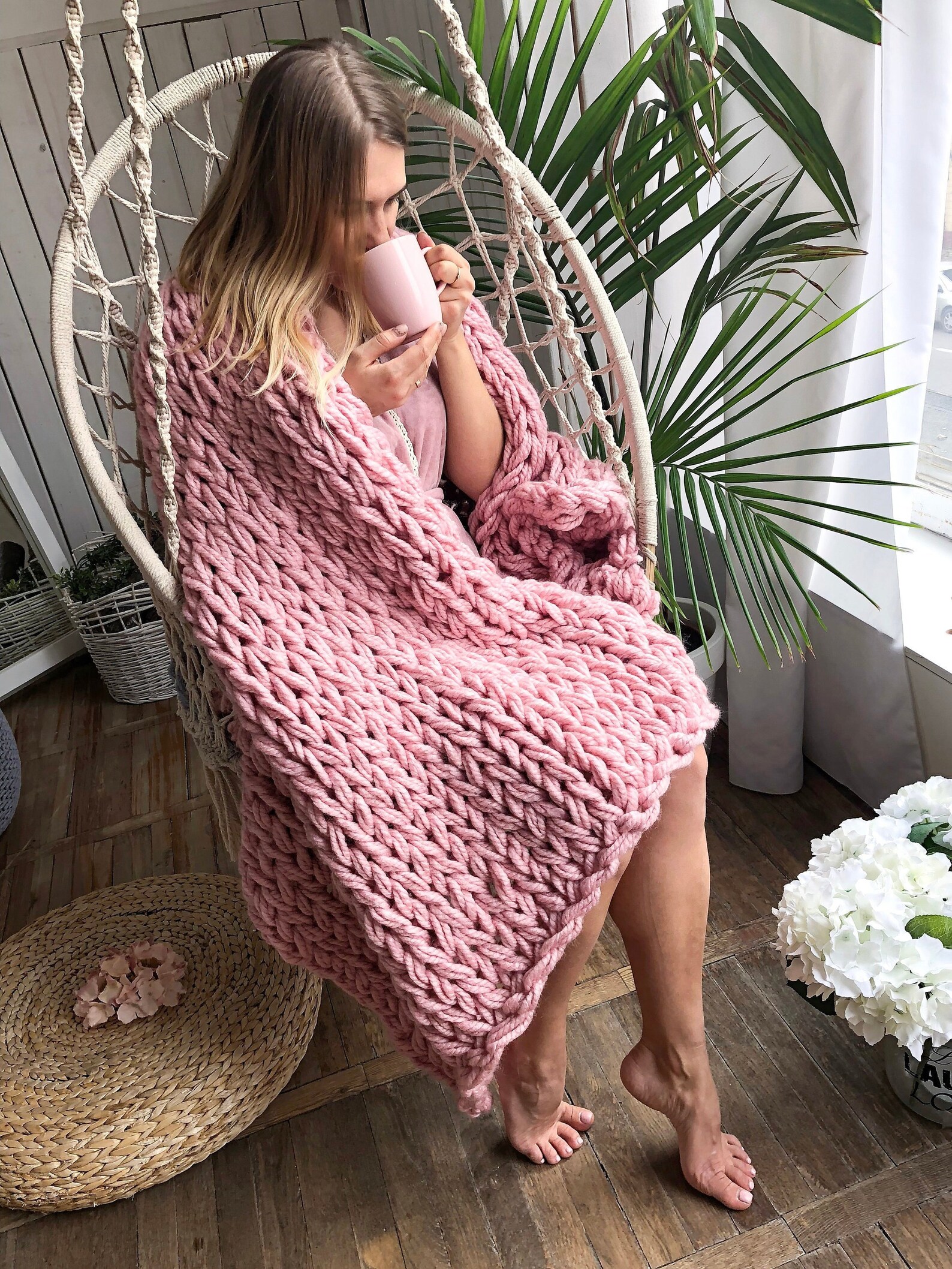 Chunky knit blanket Pink bulky knit throw Hand knitted Etsy