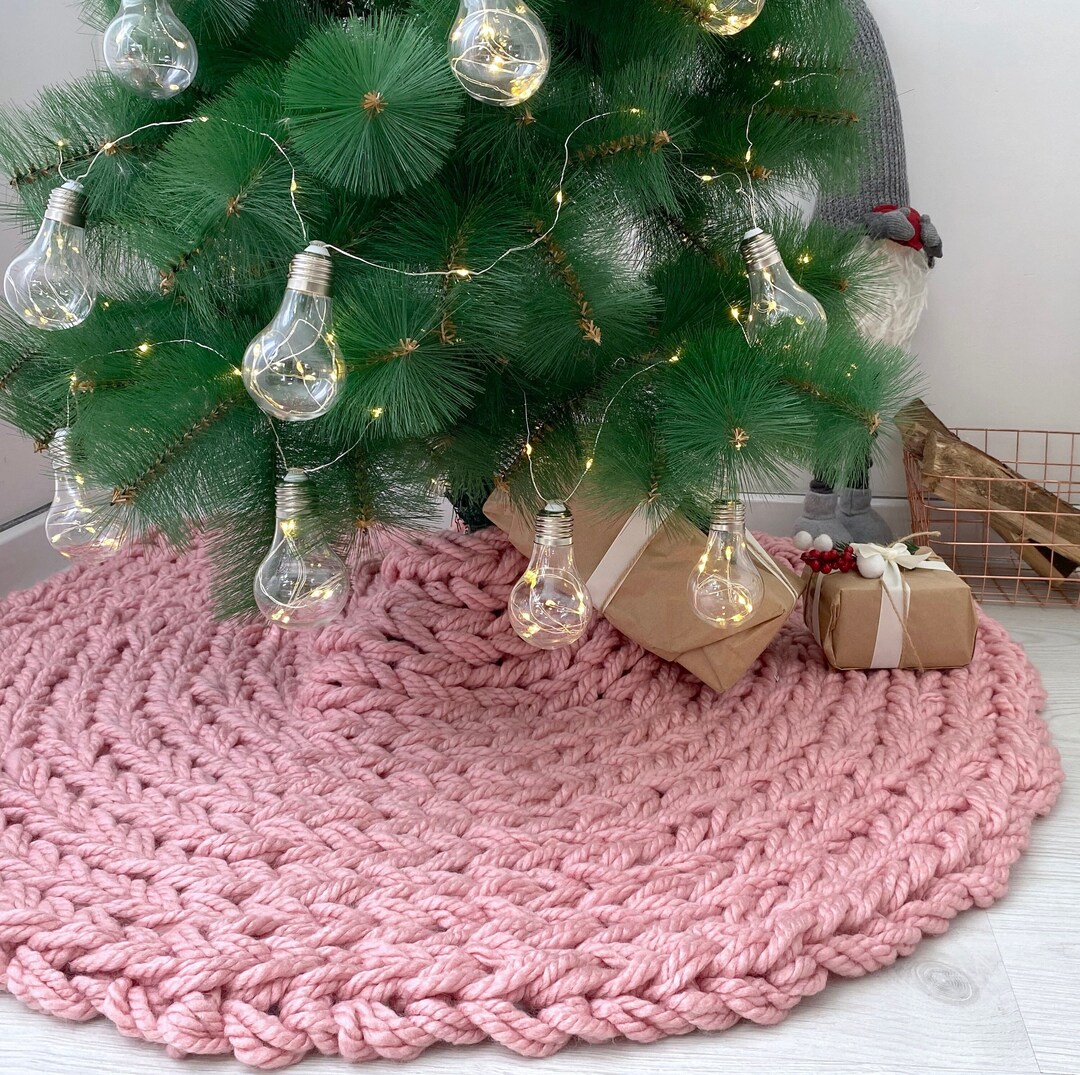Pink Christmas Tree Skirt 40 Inches, Knit Tree Skirts, Dusty Pink Hand