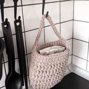 Knitted single handle hanging storage basket Crocheted basket for storage and organization Large crocheted hanging basket for kitchen image 8