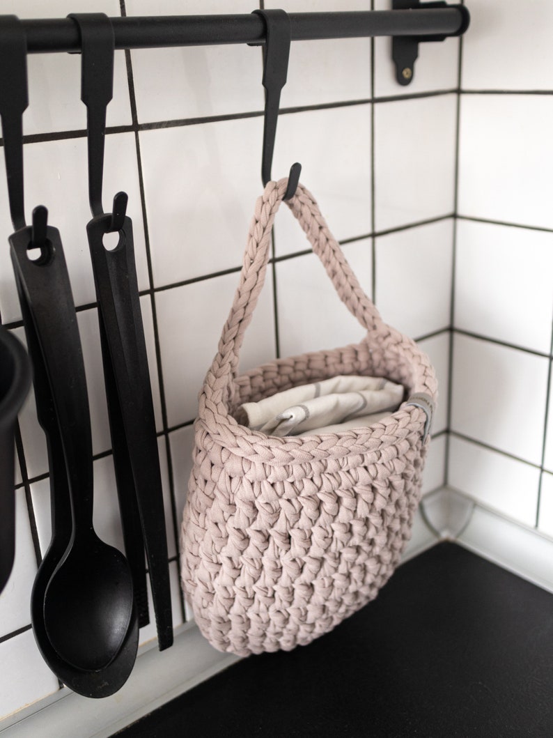 Knitted single handle hanging storage basket Crocheted basket for storage and organization Large crocheted hanging basket for kitchen image 8