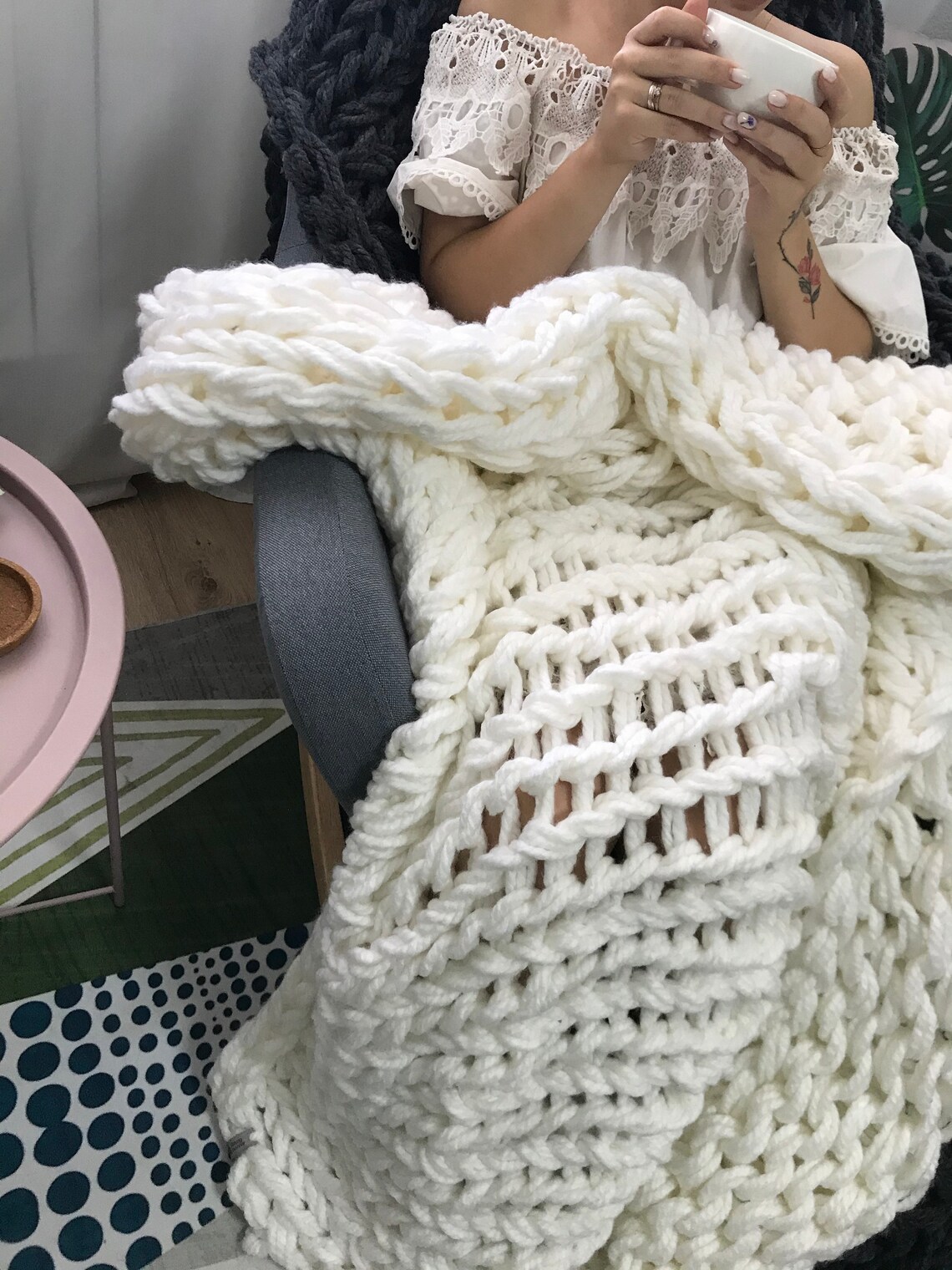 White chunky knit blanket Etsy