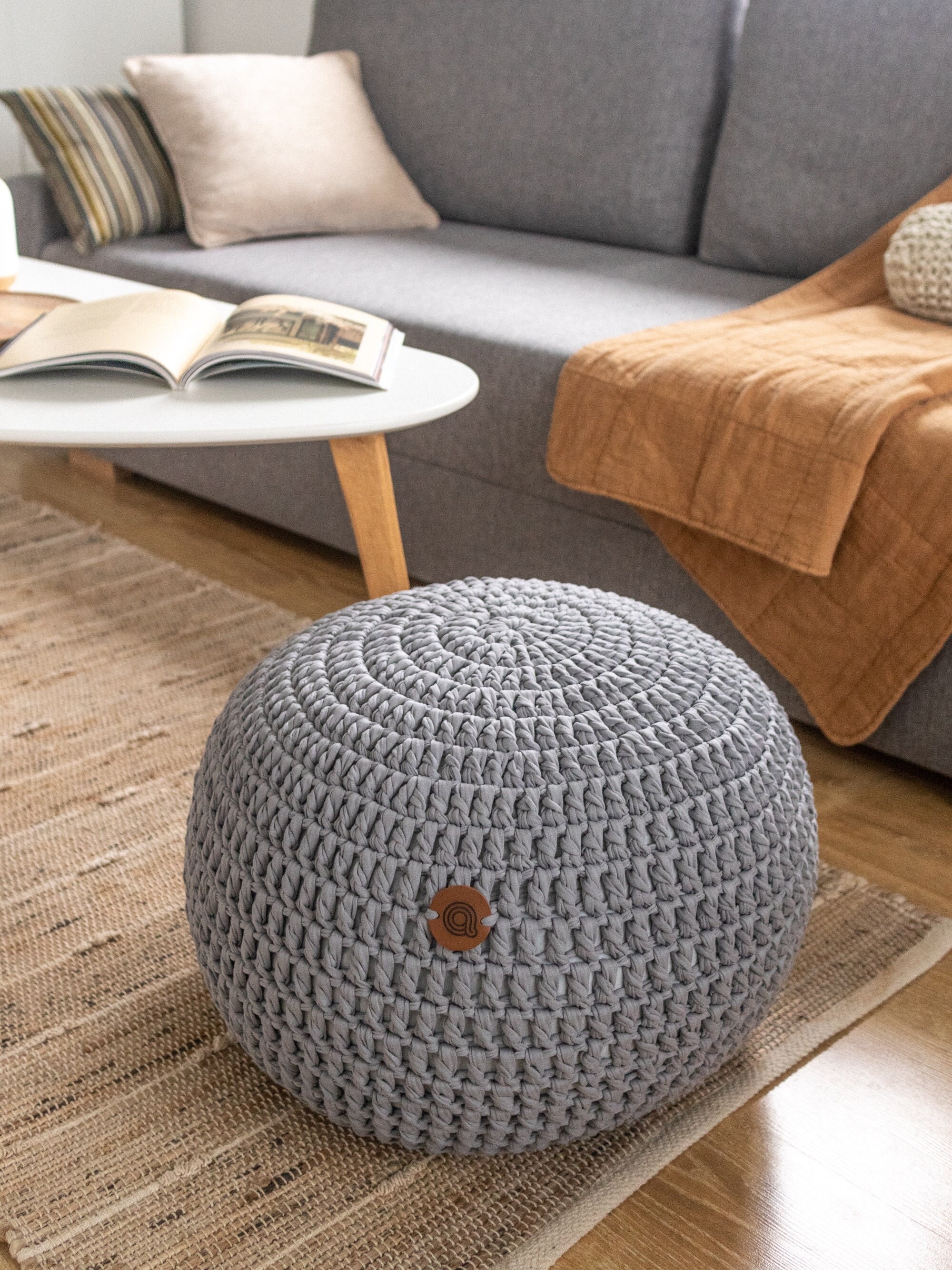 Folk Pouf Wide - blue, round pouf, large modern ottoman 