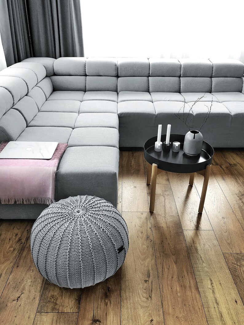 Gray knitted pouf Floor pouf ottoman Knit pouf Knitted ottoman Footstool Gray ottoman