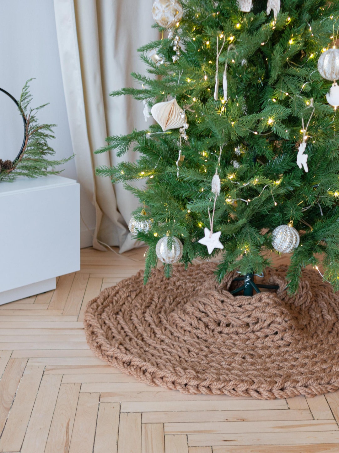 Christmas Tree Skirt Beige Color, Giant Knit Christmas Tree Skirt