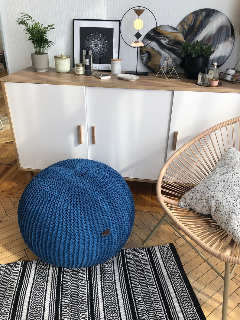 Modern nursery decor, Knitted ball pillow, Living Room Pouf, New Home Gift, Crochet Pouf Ottoman, round footstool, handmade knit pouf image 5