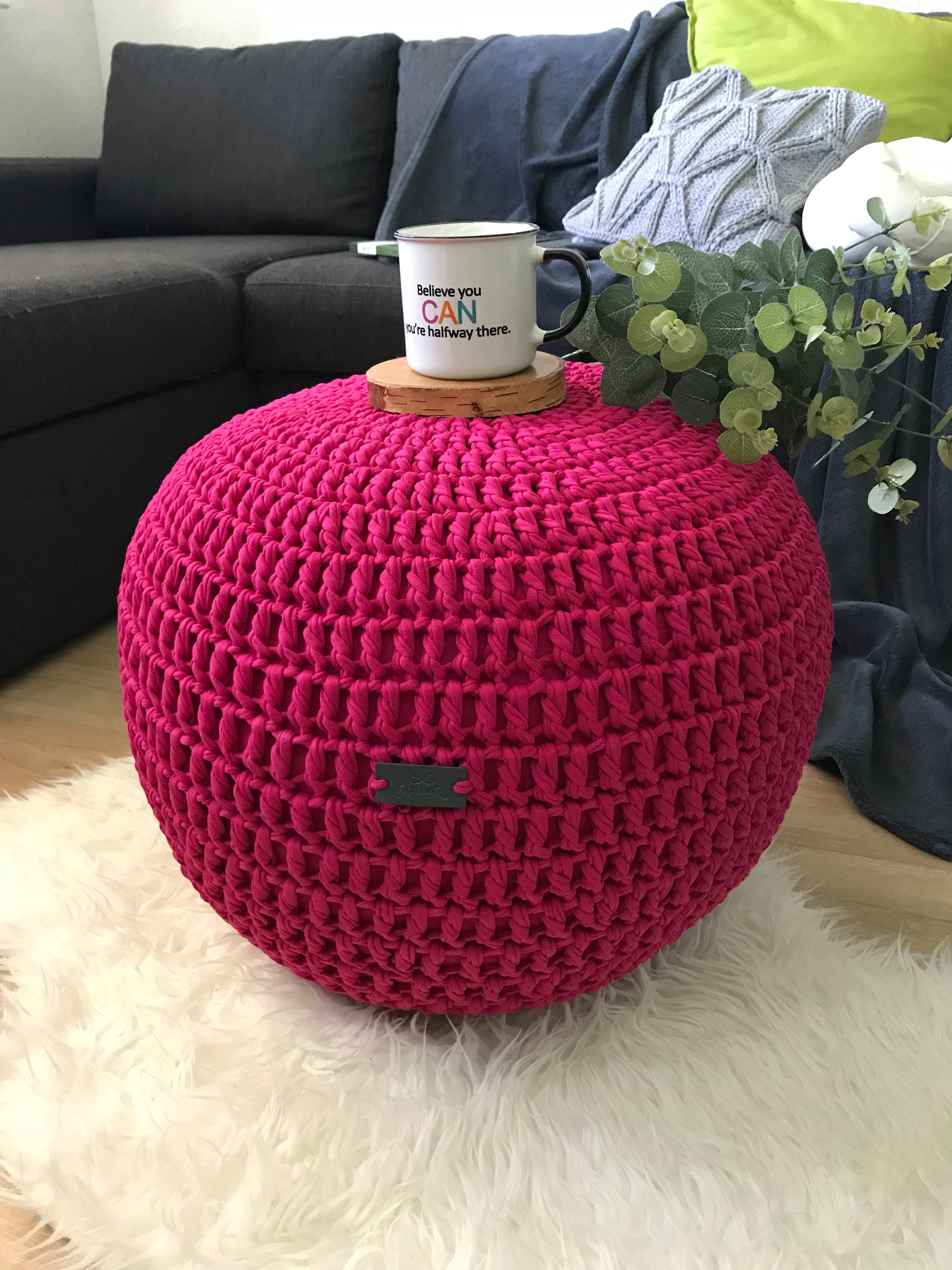 Hot pink pouf Chunky ottoman Knitted pouf Handmade floor | Etsy