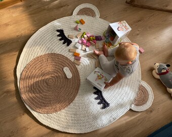 Crochet bear area rug, animal soft baby room rug play mat, baby shower gift, boho baby room decor