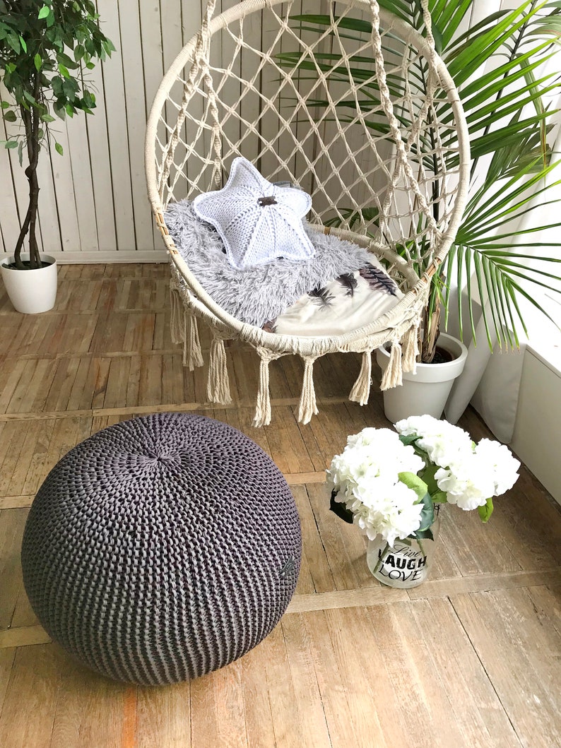 Dark gray pouf Knit chair Chunky knit pouf Round pouf Pouf ottoman Grey pouf Pouffe Cotton footstool