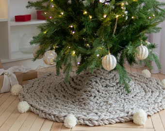 Christmas tree skirt with pompons, chunky knit giant holiday tree skirt, kids room modern Christmas tree decor