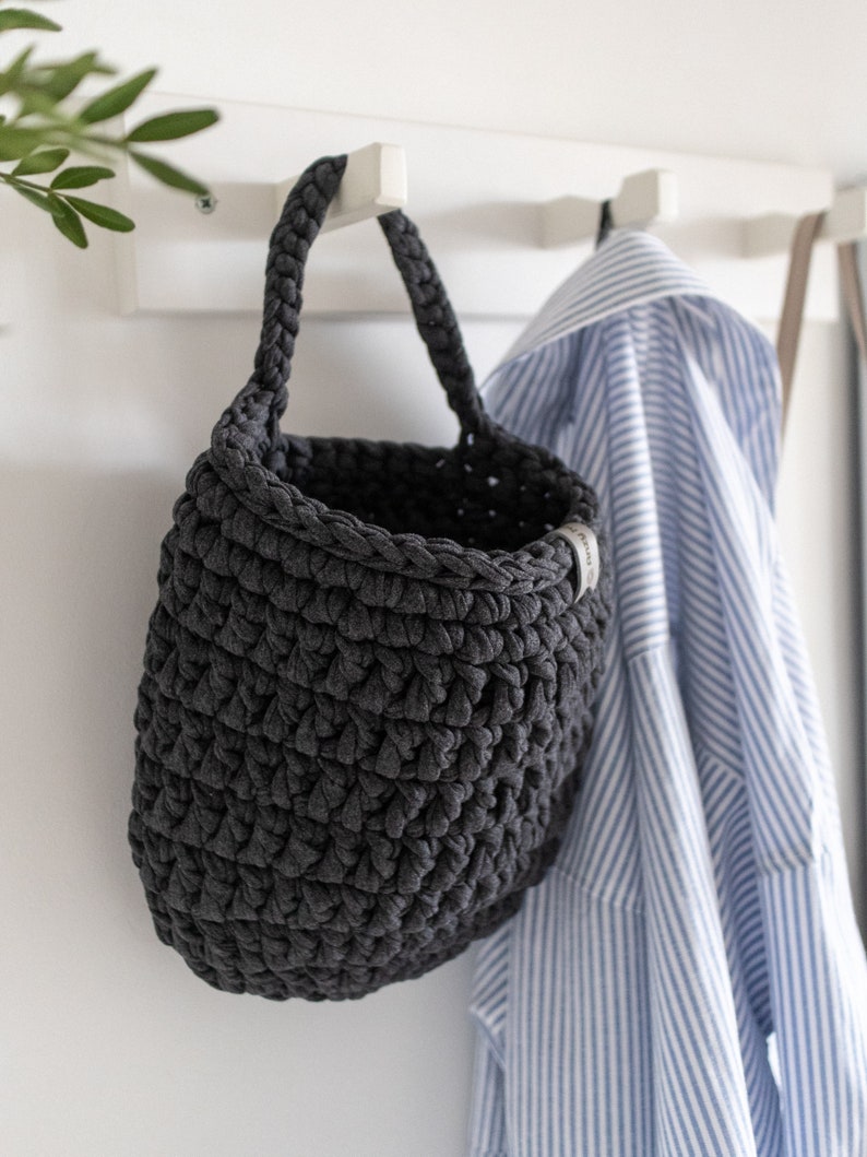 Knitted single handle hanging storage basket Crocheted basket for storage and organization Large crocheted hanging basket for kitchen image 7