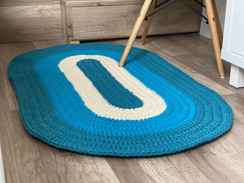 Crochet striped oval area rug Bedside mat Cotton floor rug Etsy