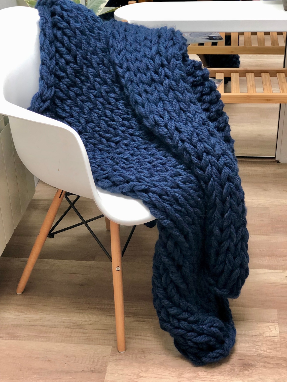 Navy blue giant knitted blanket Blue bulky knit throw of Etsy