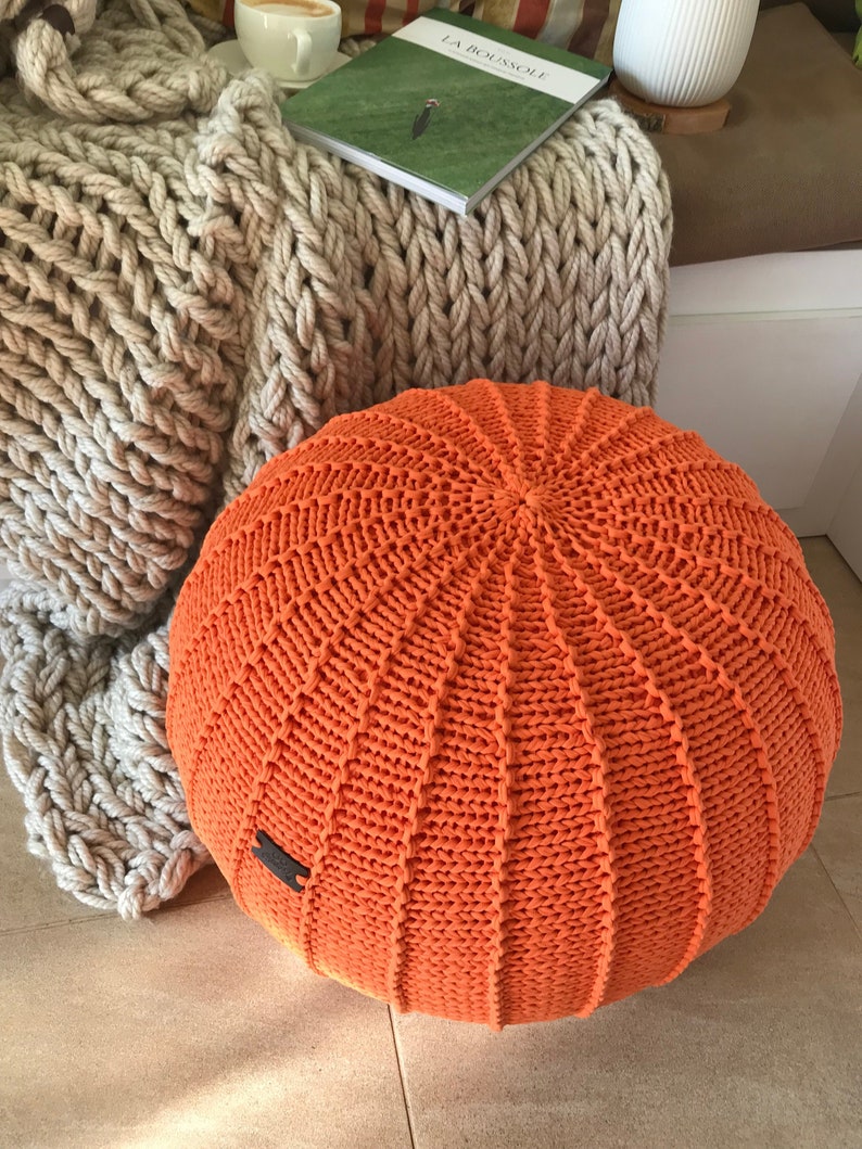 Orange knitted pouf Chunky knit footstool Pouf ottoman | Etsy