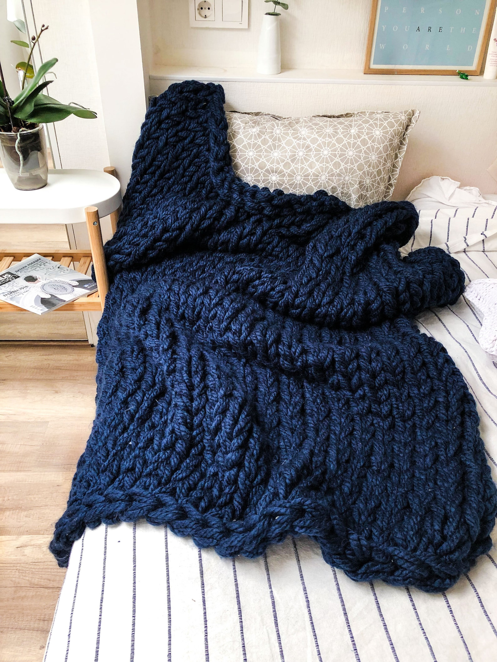 Navy blue giant knitted blanket Blue bulky knit throw of Etsy