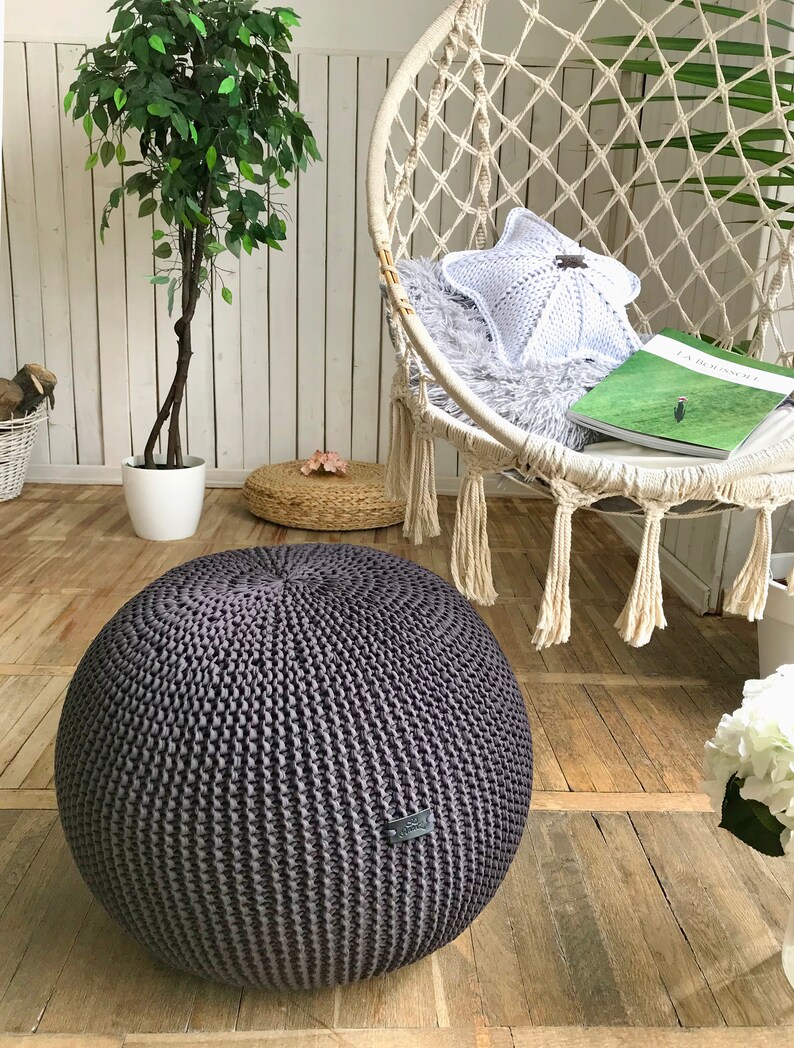 Dark gray pouf Knit chair Chunky knit pouf Round pouf Pouf ottoman Grey pouf Pouffe Cotton footstool