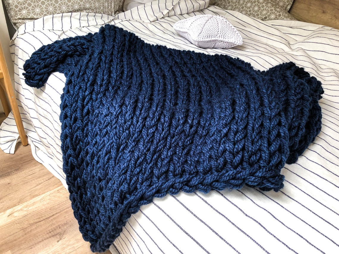 Navy blue giant knitted blanket Blue bulky knit throw of Etsy