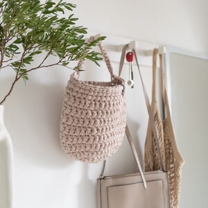 Knitted single handle hanging storage basket Crocheted basket for storage and organization Large crocheted hanging basket for kitchen image 5