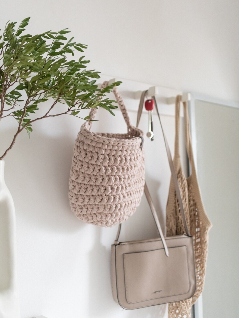 Knitted single handle hanging storage basket Crocheted basket for storage and organization Large crocheted hanging basket for kitchen image 5